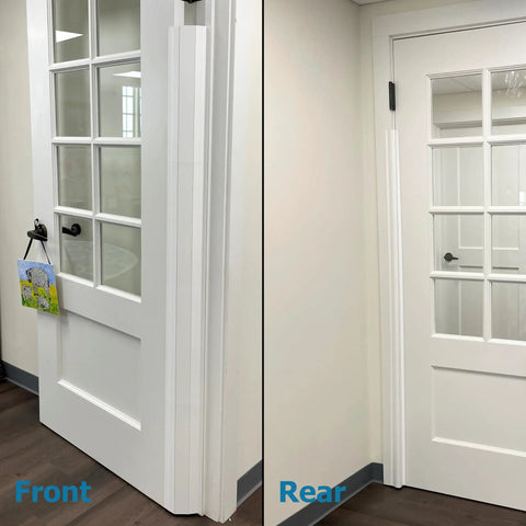 Front and rear view of PinchNot 90 Degree Door Pinch Guard For Kid Safe Living installed on white doors, hinge protector visible
