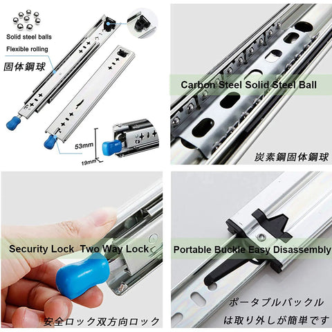 Beefy Heavy Duty Drawer Slides With Lock, Full Extension Ball Bearing Rails, One-Key Quick Disassembly, 53mm Height