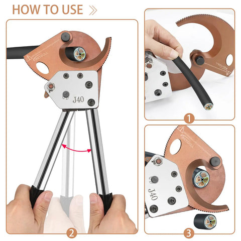 Beefed Up Heavy Duty Ratchet Cable Cutters For Copper And Aluminum Wires Up To 300mm2 600 MCM showing usage steps