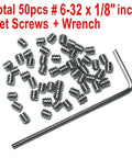 Super Handy 50 Pack 6-32 X 1/8 Inch Stainless Steel Allen Head Set Screws With 1/16 Inch Allen Wrench 304 Stainless Hex Socket Grub Screws For Machinery And DIY Projects By ZDingTech displayed with wrench