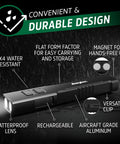1200SL-R Flat Rechargeable LED Flashlight for EDC and Tac Use highlighting IPX4 water resistance and durable design features