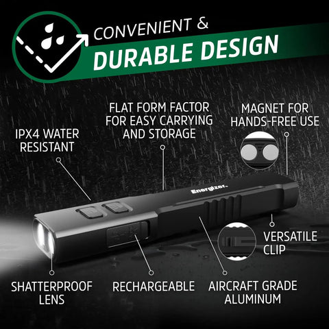1200SL-R Flat Rechargeable LED Flashlight for EDC and Tac Use highlighting IPX4 water resistance and durable design features