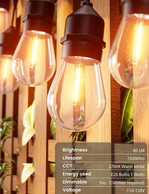 Close-up of 105 Ft Outdoor String Lights With 1W Dimmable S14 Bulbs on wooden panel, displaying warm white glow.