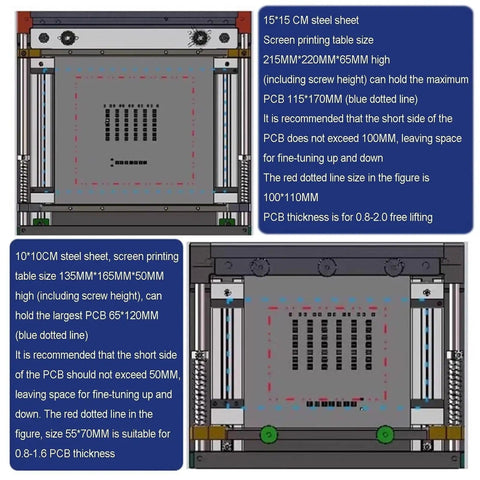 Diagram showing SMT Steel Mesh Solder Paste Printing Table For PCB Assembly with screen printing dimensions and details.