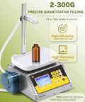 Liquid Filling Machine 1-10g Bottle Filler With 90ml/min Peristaltic Pump Digital Control For Juice And Essential Oils Weight Filling Easy Tube Replacement Self Priming Idle Air Transfer Pro Grade Performance displaying a 2-300g filling process with brown bottle on tray.