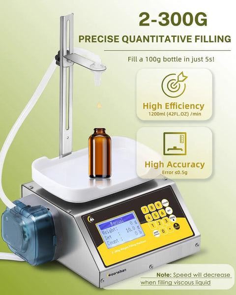 Liquid Filling Machine 1-10g Bottle Filler With 90ml/min Peristaltic Pump Digital Control For Juice And Essential Oils Weight Filling Easy Tube Replacement Self Priming Idle Air Transfer Pro Grade Performance displaying a 2-300g filling process with brown bottle on tray.