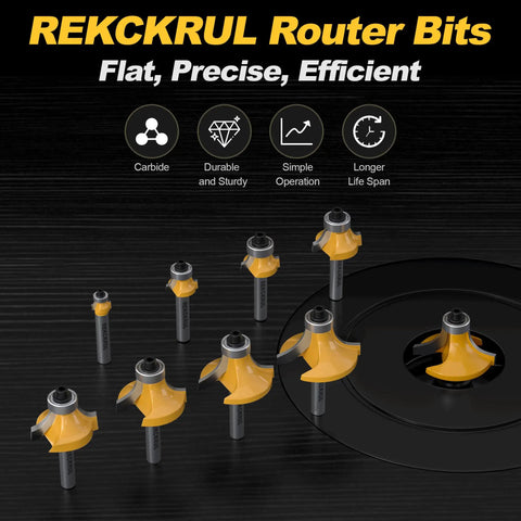 8-Piece Roundover Router Bit Set With 1/4 Inch Shank Carbide Inserts For Woodworking on black background