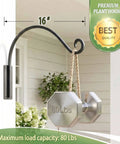Heavy Duty Plant Hanger Bracket 16 Inch Black Outdoor Hand Forged Metal with 80 Lbs Capacity installed on wall