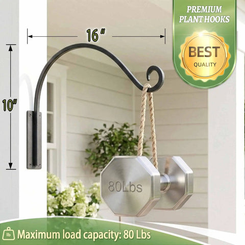 Heavy Duty Plant Hanger Bracket 16 Inch Black Outdoor Hand Forged Metal with 80 Lbs Capacity installed on wall