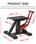 Side view of Dirt Bike Stand Lift Table With Adjustable Height For Easy Maintenance Heavy Duty Motorcycle Hoist Jack 330 LB Capacity Rugged Garage Bike Accessory Gear showing dimensions in millimeters and inches.