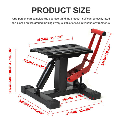 Side view of Dirt Bike Stand Lift Table With Adjustable Height For Easy Maintenance Heavy Duty Motorcycle Hoist Jack 330 LB Capacity Rugged Garage Bike Accessory Gear showing dimensions in millimeters and inches.