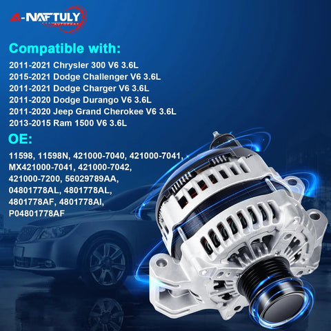 180A High Output Alternator Replacement For 2011-2021 Chrysler 300, 2011-2021 Dodge Charger, side view, OEM-grade quality
