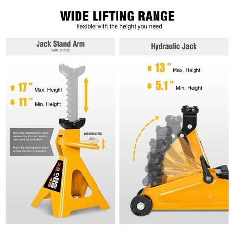 Low Profile Hydraulic Trolley Jack Set With Two Ton Capacity And Two Ratchet Jack Stands, Safety Overload System, lifting range