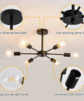 Six Light Sputnik Black Chandelier With Adjustable Height Ceiling Light Fixture, highlighting E26 bulb details and iron finish.