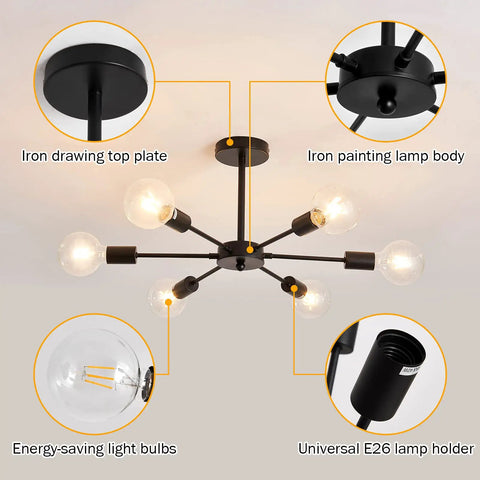 Six Light Sputnik Black Chandelier With Adjustable Height Ceiling Light Fixture, highlighting E26 bulb details and iron finish.