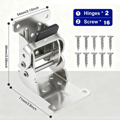 Rock Solid Workhorse Folding Brackets 0 To 180 Degrees Self Locking Hinges Heavy Duty Rustproof Steel Bracket With Screws close-up with dimensions.