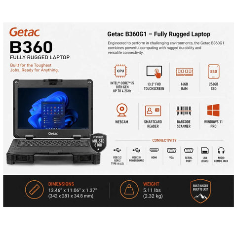 Hella Tough Rugged Laptop Featuring 10th Gen Intel Core I5 Up To 42 Ghz 133 Inch Full Hd Touchscreen 16 Gb Ram 256 Gb Ssd Ip66 Waterproof Build Shoots Straight In Rough Sites Running Windows 11 Pro Refurbished Workstation with detailed features.