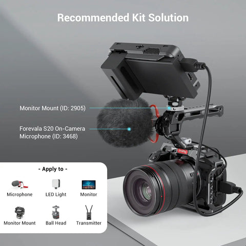 Camera rig setup with Top Handle With 3 8 16 Locating Pins For ARRI Grip, microphone, monitor, and DSLR camera.