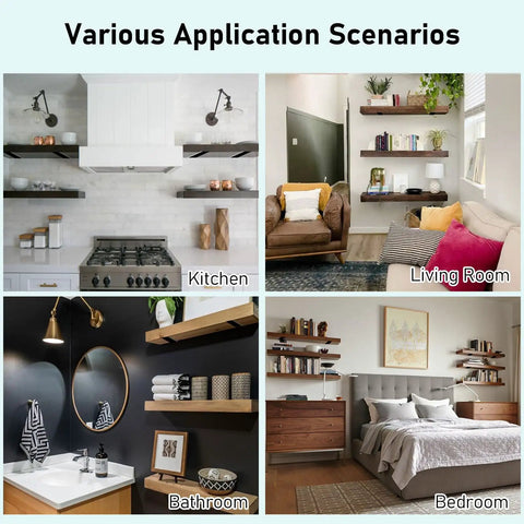 Various application scenarios of Heavy Duty L Shaped Shelf Brackets Set Premium Solid Steel 0.2 Inch Thick Black Rustic Wall Mount Shelving Supports For 6 Inch Floating Shelves 6 Pack Industrial Hardware in kitchen, living room, bathroom, and bedroom settings.