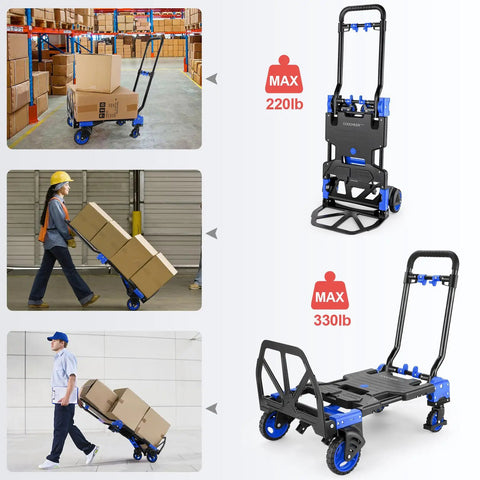 Heavy Duty Folding Hand Truck With Four Wheel And Two Wheel Convertible Dolly Cart Grab N Go Retractable Handle in use loading boxes