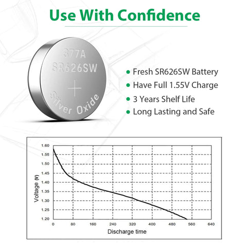 10 Pack SR626SW 377 Watch Battery 1.55V Silver Oxide Button Cell with discharge graph and features list.