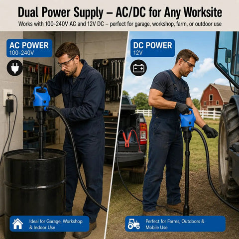 Heavy Duty Electric Drum Pump Fits 55 Gallon Barrels And Ibc Tanks With 120 Volt AC And 12 Volt DC Power Plug and Play with flexible suction tube in garage and outdoor use.