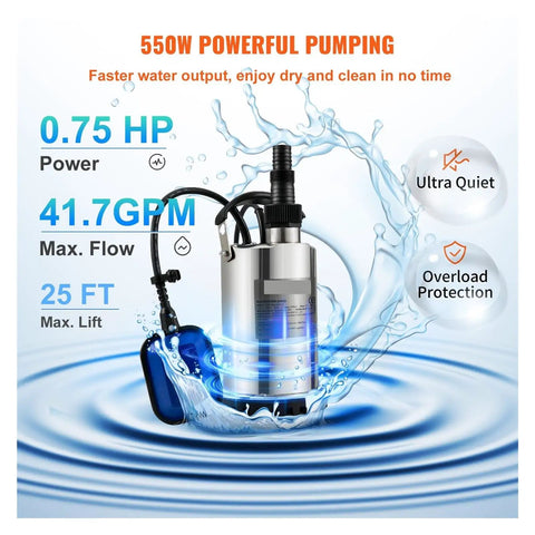 Heavy Duty Submersible Sump Pump Stainless Steel 1300 Watt Clean Water Drainage Rig with auto float switch and water splashes.