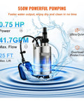 Submersible Sump Pump For Sewage And Clean Water 1300W Tough As Nails Stainless Steel Build IPX8 Waterproof shown in water with float switch.