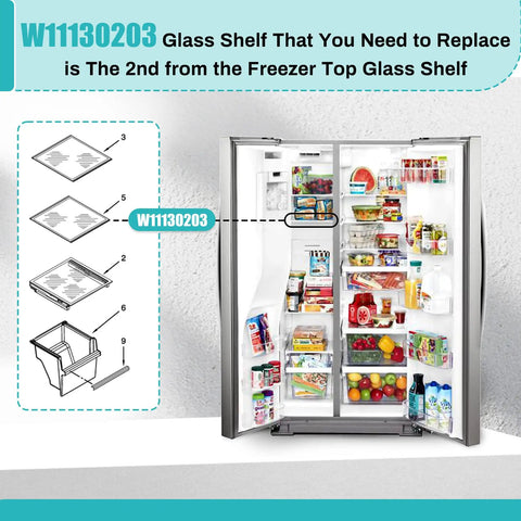 Freezer Glass Shelf For Whirlpool KitchenAid And Ikea Fridge Side By Side Refrigerators Fits WRS571CIHZ00 diagram and shelf detail