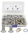 Complete M8 Hardware Kit For 4040 And 4080 Aluminum Extrusion Profiles with 60 Hex Socket Bolts, T Nuts, and Washers in an open box.