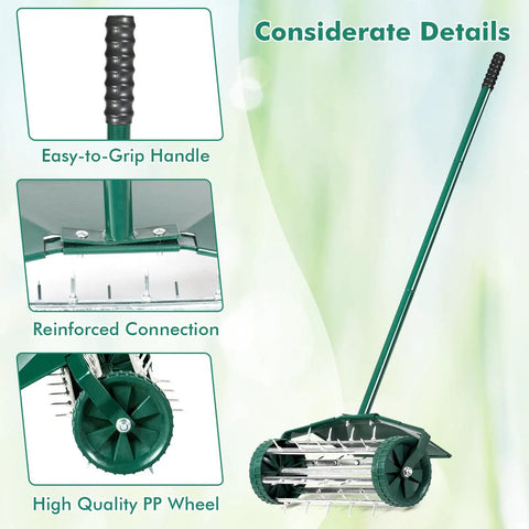 Rolling Lawn Aerator 18 Inch With Fender And Tine Spikes, Anti Slip Handle, reinforced connection, PP wheel, lawn tool