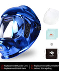 Blue auto darkening welding helmet with solar power and large viewing area for TIG MIG ARC, true color vision, accessories.