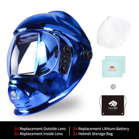 Blue auto darkening welding helmet with solar power and large viewing area for TIG MIG ARC, true color vision, accessories.
