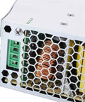 Din Rail Switching Power Supply For PLC Drives And Electric Cabinets, NDR-240-24, 24V Output, 100-240VAC Input, front view with vented metal case