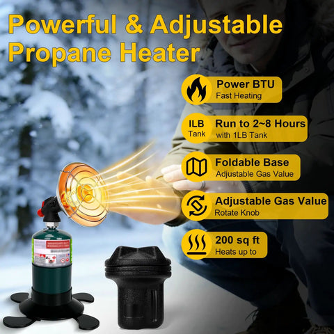 Portable Propane Heater For Outdoors, Cordless Radiant Camp Heater With Foldable Tank Holder, depicted with radiant heat outdoors.