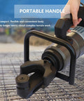 Hand holding Electric Hydraulic Rebar Cutter And Bender Kit, close-up of handle and tool head over steel rebar, 1800W heavy duty.