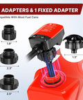 Cordless Fuel Transfer Pump With Auto Stop, No Spill, 3.2 GPM, Portable Battery Powered Unit with adapter close-up, compatible caps.