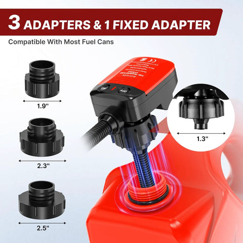 Cordless Fuel Transfer Pump With Auto Stop, No Spill, 3.2 GPM, Portable Battery Powered Unit with adapter close-up, compatible caps.