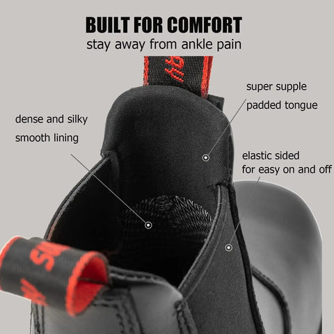 Close-up of men slip on work boots with composite toe showing padded tongue, elastic sides, and smooth lining for comfort.