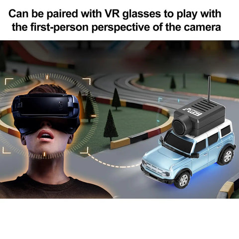 Person using VR glasses with WLtoys 1 To 64 Scale Mini RC Car With 720P HD FPV Camera on track