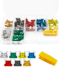 Premium Heavy Duty Universal Auto Blade Fuses Assortment Kit With Fuse Removal Tool in clear organizer case, various color fuses shown.