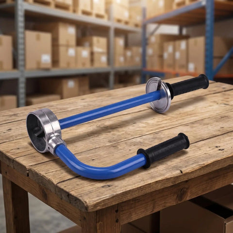 No Sweat Packing Heavy Duty Manual Stretch Film Dispenser Ergonomic Handheld Pallet Wrap Tool on a wooden table.
