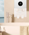 Hassle Free Plastic Pegboard Wall Organizer Covers Water Heater Pipes With Quick No Drill Mounting above a bathtub in a bathroom setting.