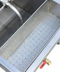 Mobile Fryer Oil Filter System Built Dead Serious With 304 Stainless Steel smooth filtration tank with perforated design for deep fryer cleanup.