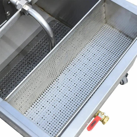 Mobile Fryer Oil Filter System Built Dead Serious With 304 Stainless Steel smooth filtration tank with perforated design for deep fryer cleanup.