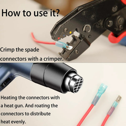 Crimping and heating 112 Piece Heat Shrink Spade Connectors Kit With Waterproof Marine Grade Terminals Easy Quick Connect Spade Wire