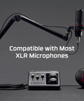 Pro Level Audio Mixer Interface with XLR microphone and headphones for streamers and creators, emphasizing easy controls and studio quality.