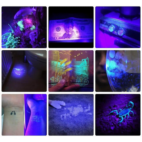 SV53 15W 365nm UV Flashlight Pro Grade USB Rechargeable Black Light for varied detection tasks including currency verification.