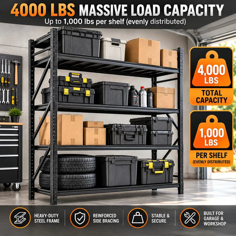 Heavy Duty Garage Shelving Unit Built From Tough Industrial Steel With A Rock Solid 4000 Pound Capacity That Absolutely Nails Storing Bulky Gear And Workshop Equipment, showcasing toolboxes and tires.
