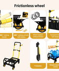 Heavy-duty folding hand truck cart with 360° rotating wheels and handle, 330 lb capacity, foldable and equipped with tool straps.